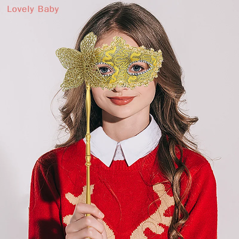 【BBS】Halloween Party Mask With Holding Stick Evening Prom Masquerade Mask Stage Cosplay Props Venetian Half Face Masks For Women