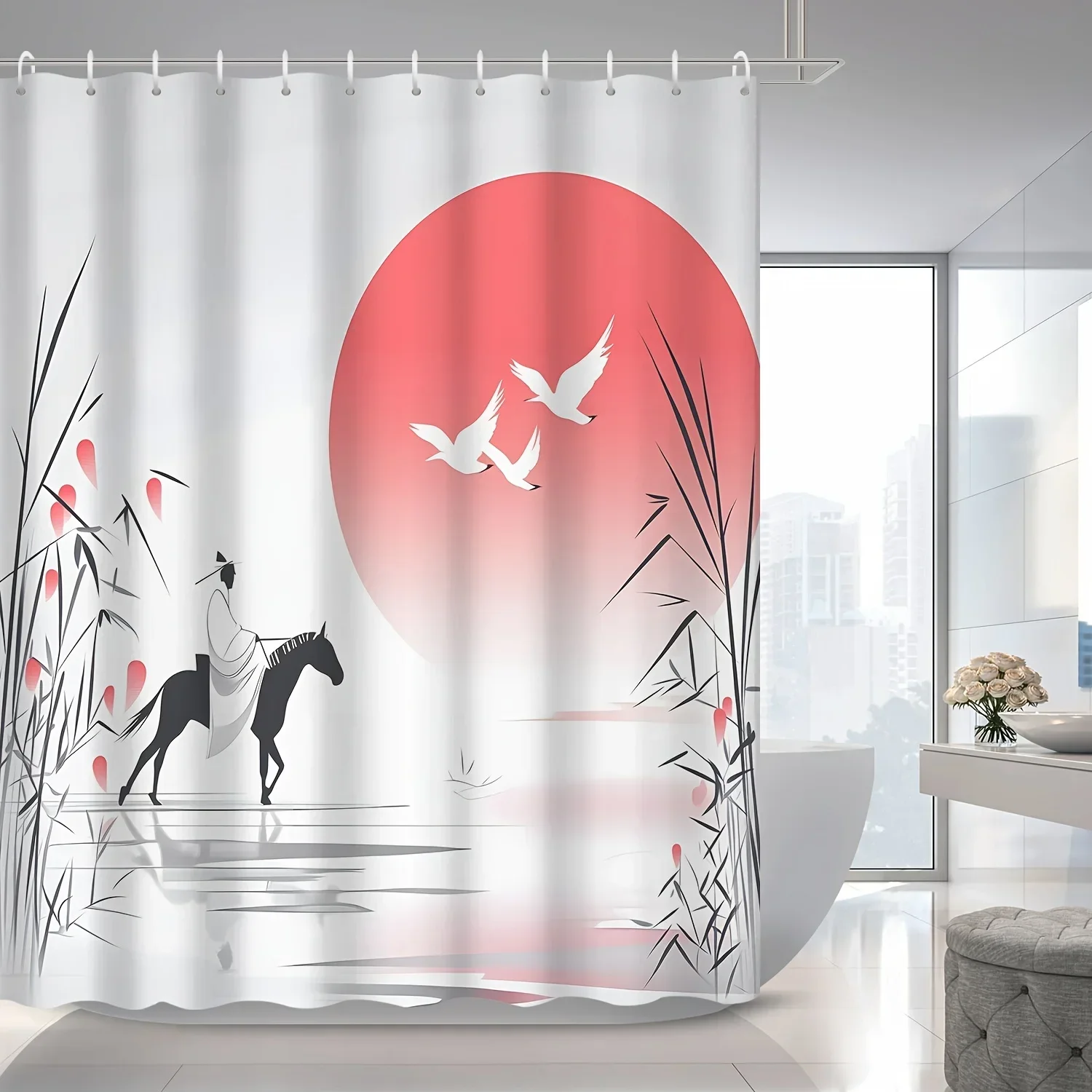 1pc Zen Landscape Shower Curtain with Hooks - Red Sun, Flying Birds & Bamboo Art Design, Polyester Bathroom Decor for Nature-Ins