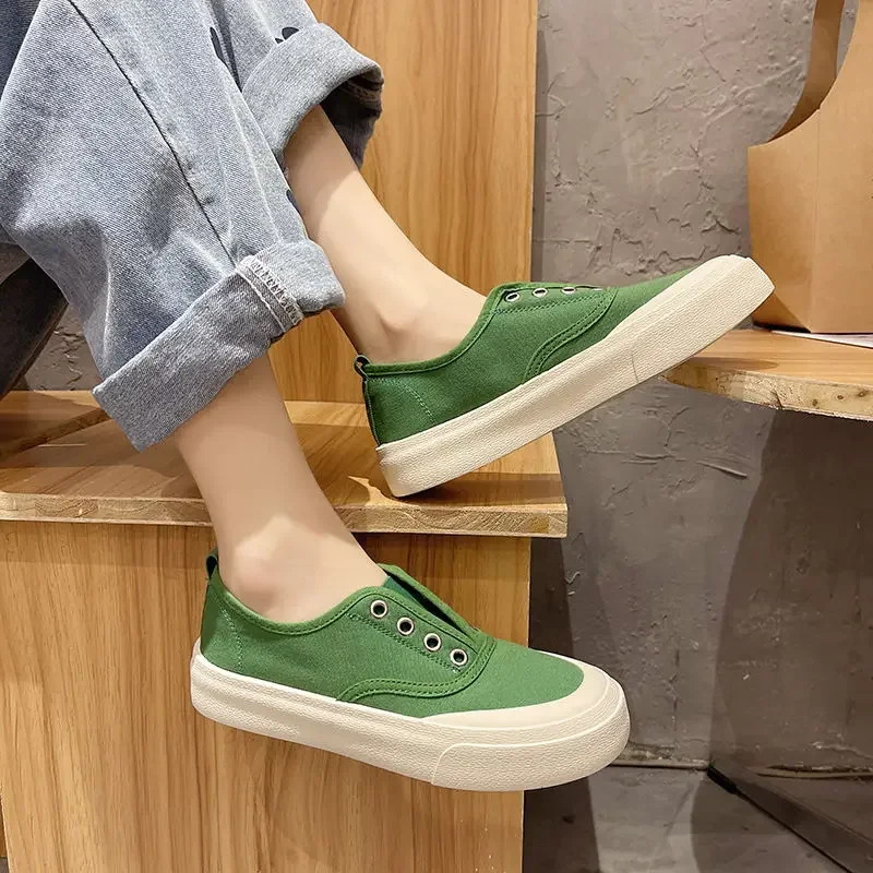 Round Toe Female Footwear Canvas Women\'s Shoes Slip on Flat Casual Sneaker Trends 2024 High Quality Cotton Korean Daily Routine