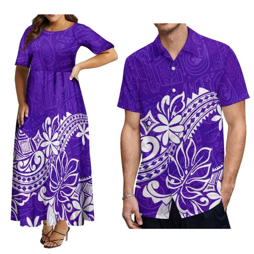 Vestido de mujer libre de impuestos, camisa personalizada con temperamento samoano para mujer, conjunto polinesio cómodo de pareja púrpura, vestido informal de viaje