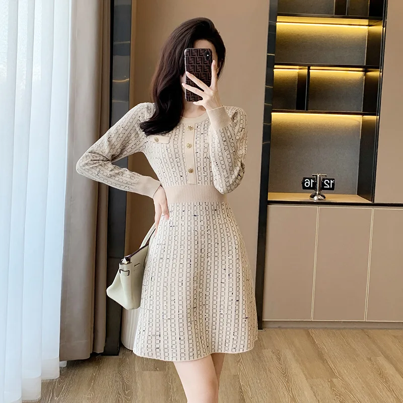 

#0933 Beige Stretch Sweater Dress Women O-neck Buttons Sexy Short Knitted Dress Female High Waisted A-line Dress Spring Autumn