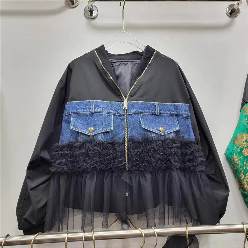 

European Collection 2026 Autumn New Fashionable V-neck Design Spliced Denim Mesh Casual Versatile Women's Jacket Ins Trend