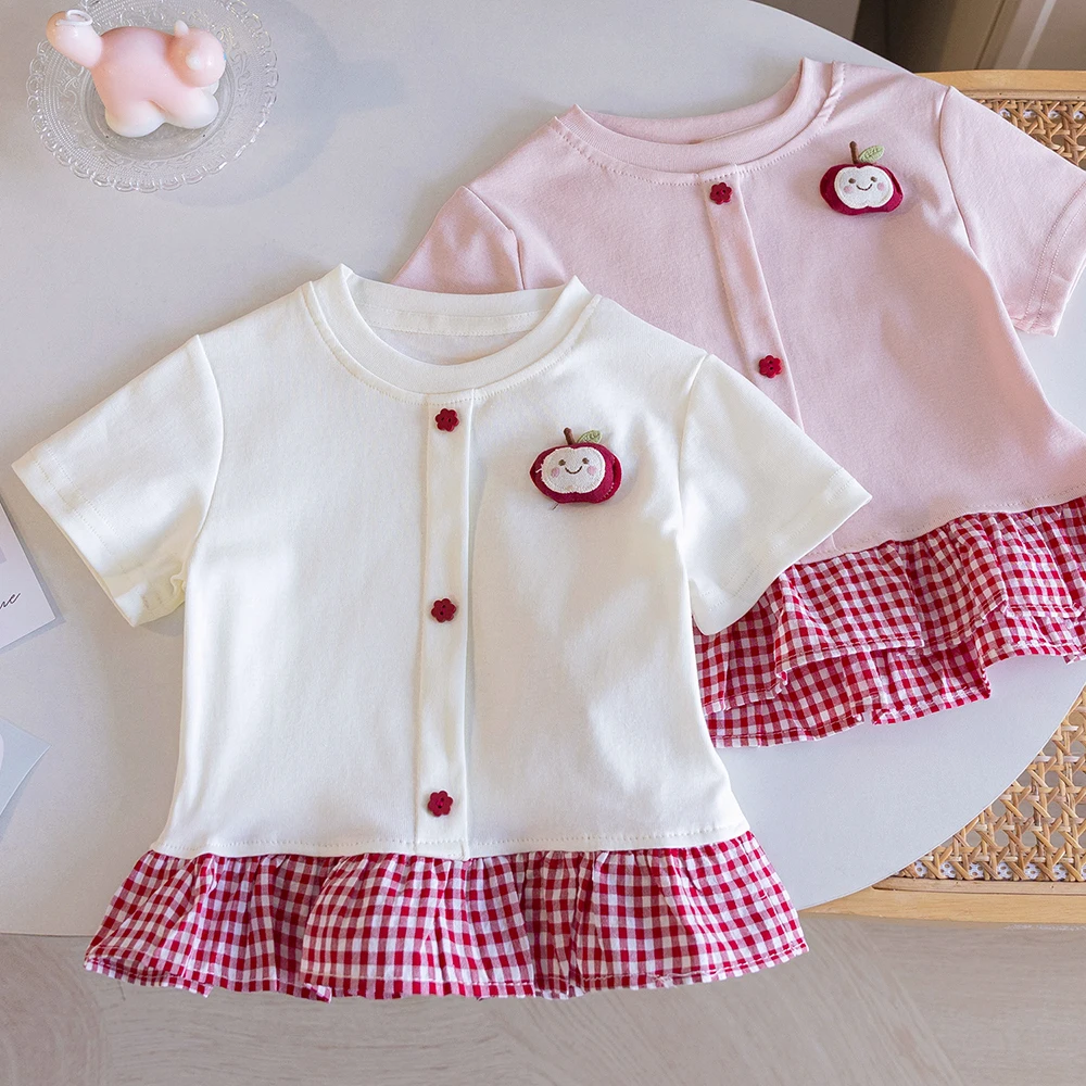 Cute Apple T-shirts for Girls Summer Red Plaid Ruffles Patchwork Short Sleeve Kids T-shirt 2026 New Children Casual Tees Tops