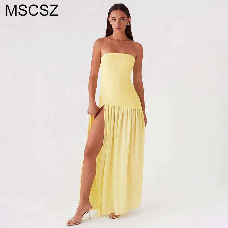 

MSCSZ Strapless High Split Long Dresses For Women Patchwork Bodycon Pleated Maxi Dress Sexy Summer Holiday Dress