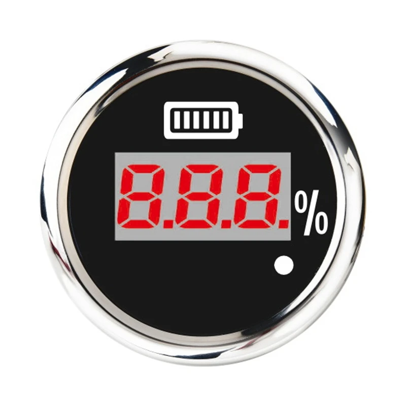 52mm Digital Battery Capacity Gauge Universal Waterproof Battery Digital Indicator Red Backlight with Alarm Black