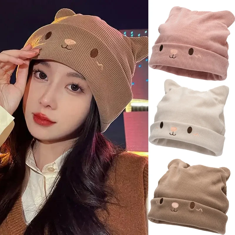 Modische Baskenmütze im Kawaii-Katzen-Design, übergroße Strickmütze mit 3D-Ohren, warme, dehnbare Wintermütze für den täglichen Gebrauch von Frauen