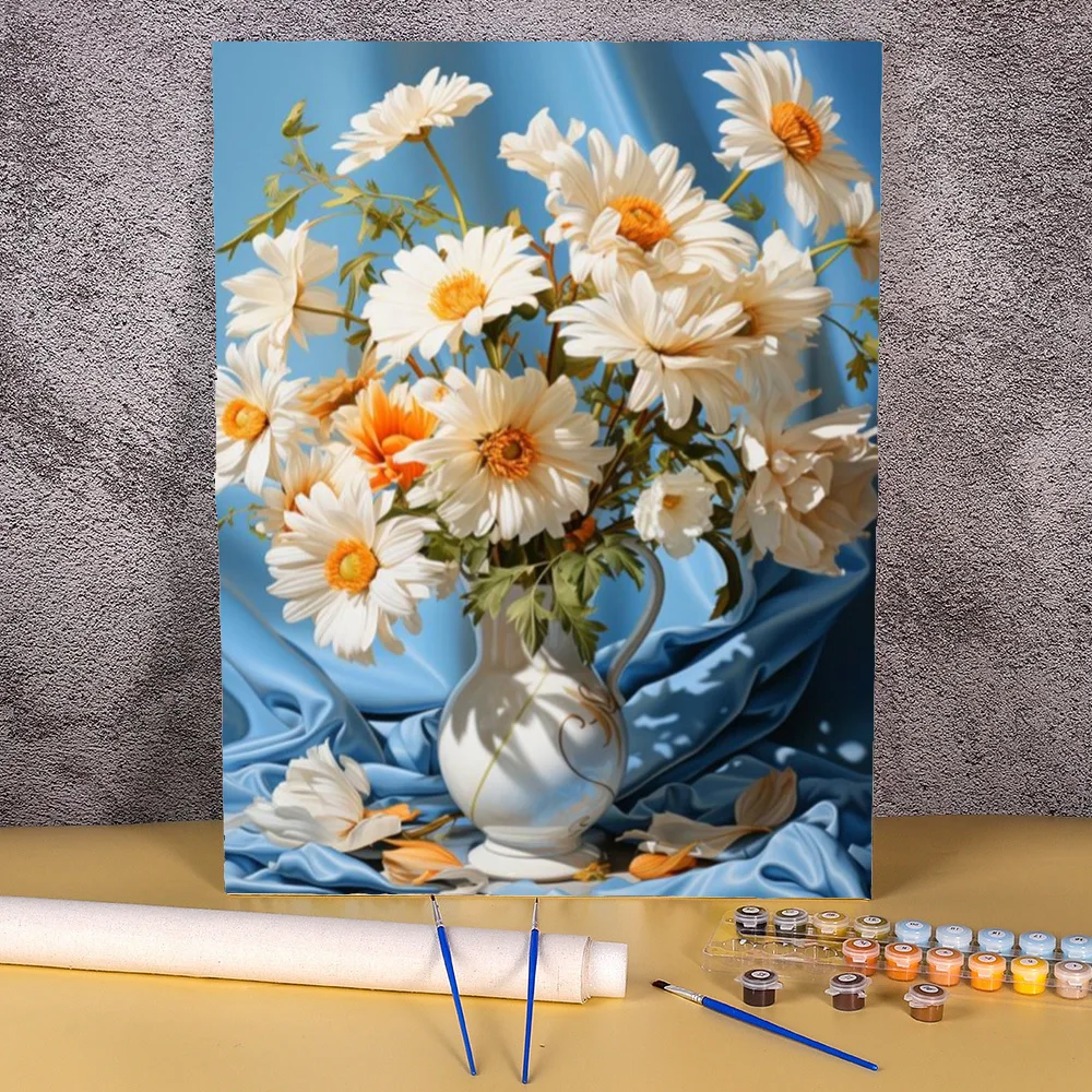 Painting Paints By Numbers Daisy Flowers White Vase Paint Pictures With Numbers On Canvas Home Decor For Living Room Wall Art