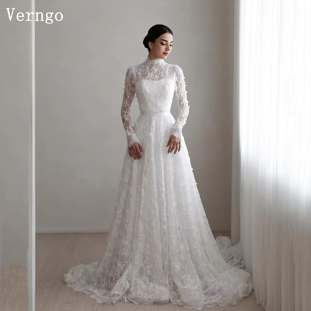 

Verngo lvory Lace Wedding Dress High Neck Full Sleeves A Line Bride Dresses Women Elegant Flowers Bridal Gowns Customized