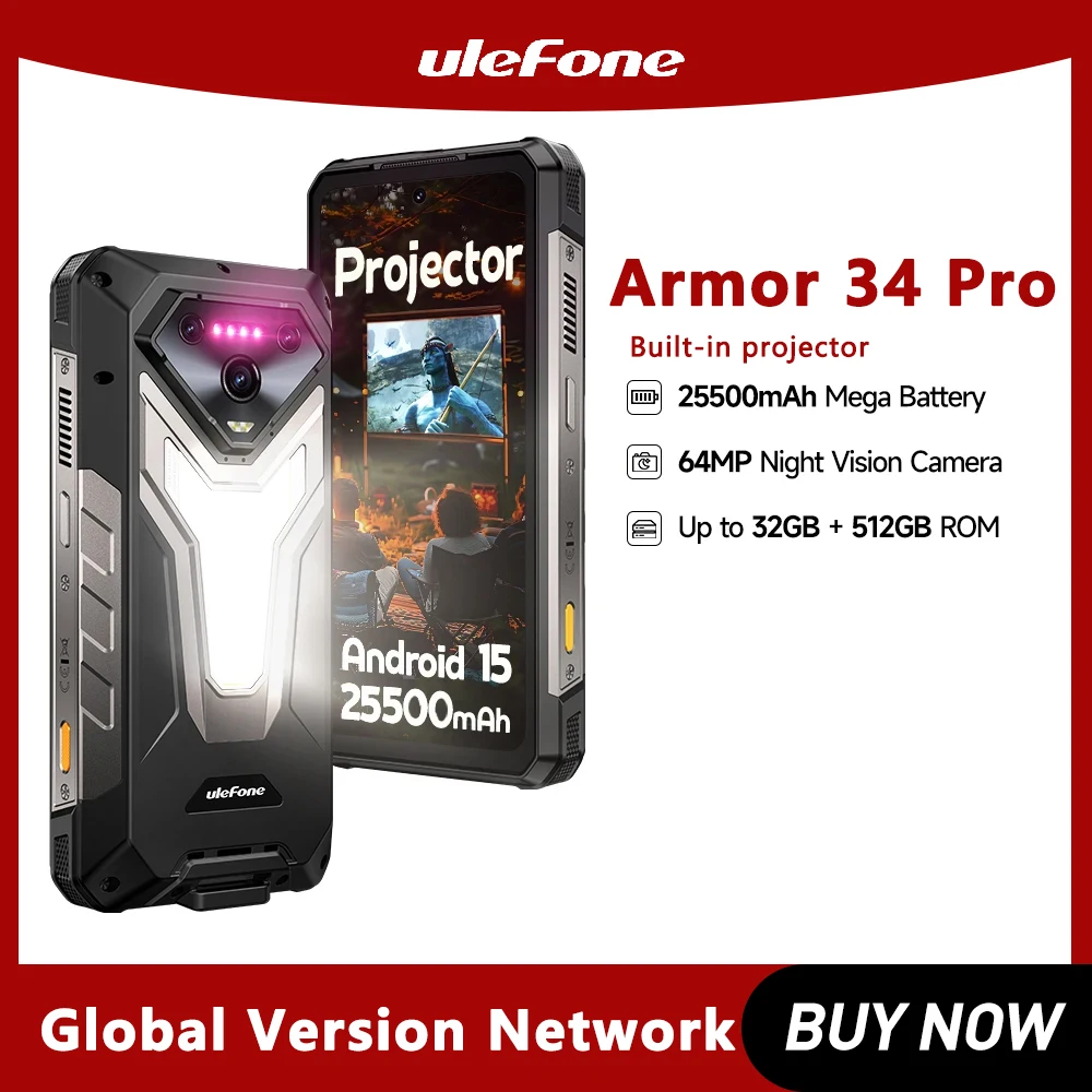 

AI Smartphone 5G Ulefone Armor 34 Pro 25500mAh Built-in Projector 512GB ROM 120Hz 6.95" NFC Smartphone Mobile Phone