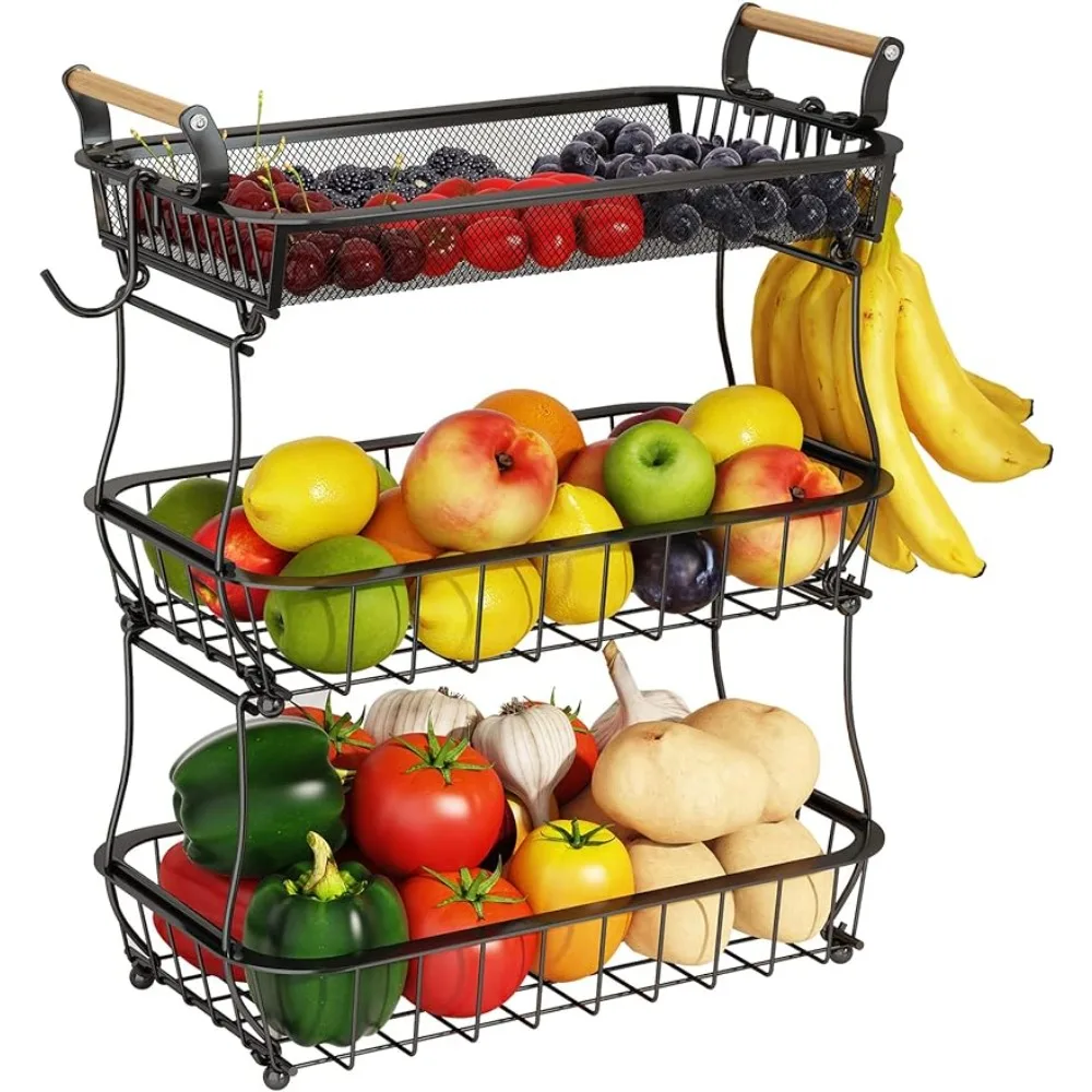 

3 Tier Fruit Basket 2 Banana Hangers, Countertop Vegetable Basket Bowl Kitchen Counter Metal Mesh Basket Fruits Stand Produce