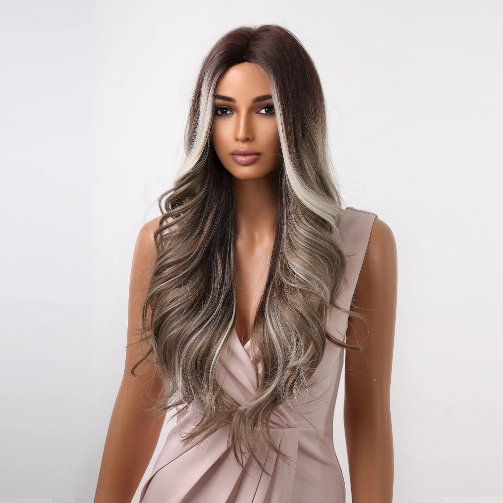 GEMMA شقراء تسليط الضوء على شعر مستعار بني الاصطناعية طويلة متموجة الباروكات للنساء المظهر الطبيعي شعر مستعار تأثيري حزب الباروكات مقاومة للحرارة #3