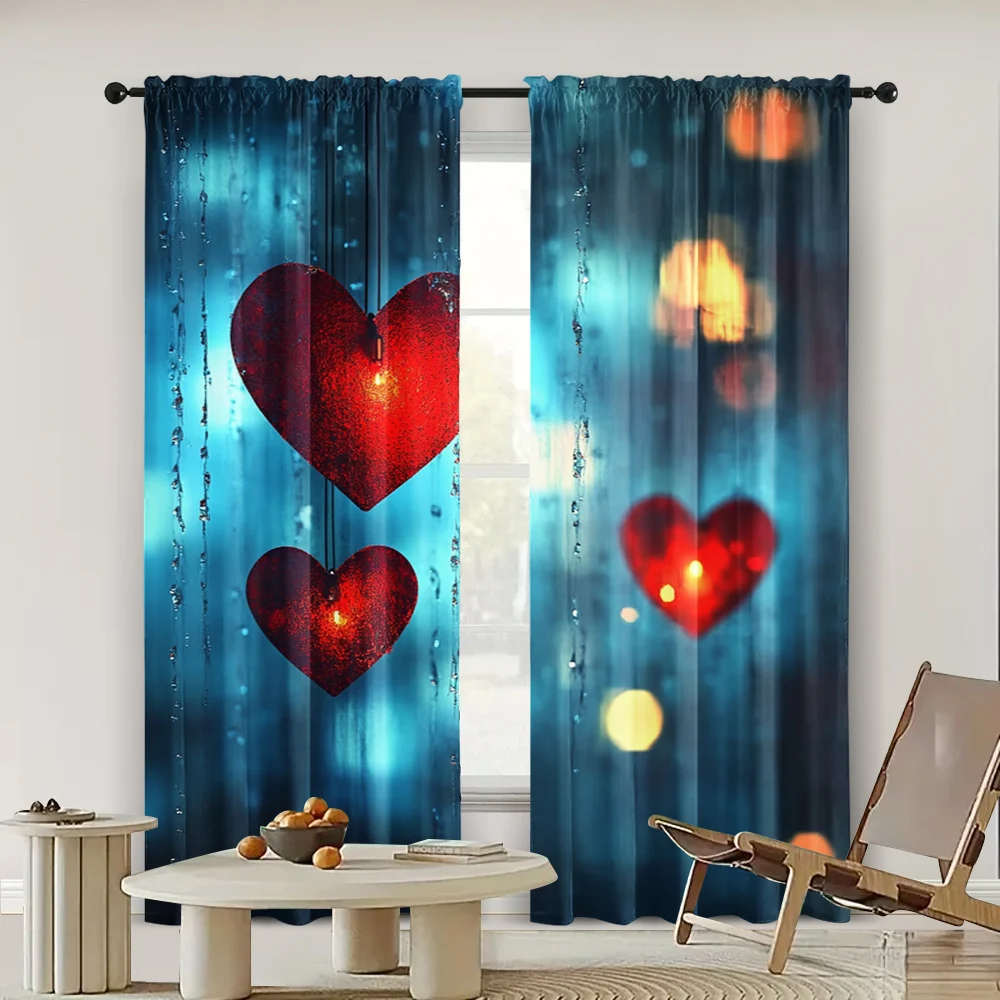 2pc,  Romantic Valentine's Day Curtains Heart Light Filter Holiday Decorations for Holiday Parties, Home Decor