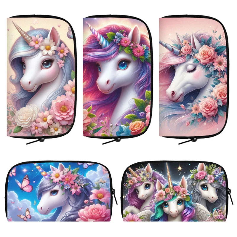 Carteras de unicornio 3D de dibujos animados, bolsa de dinero de unicornio de fantasía, flor para niñas, llave, portatarjetas de crédito, Linda bolsa larga, embrague, regalo