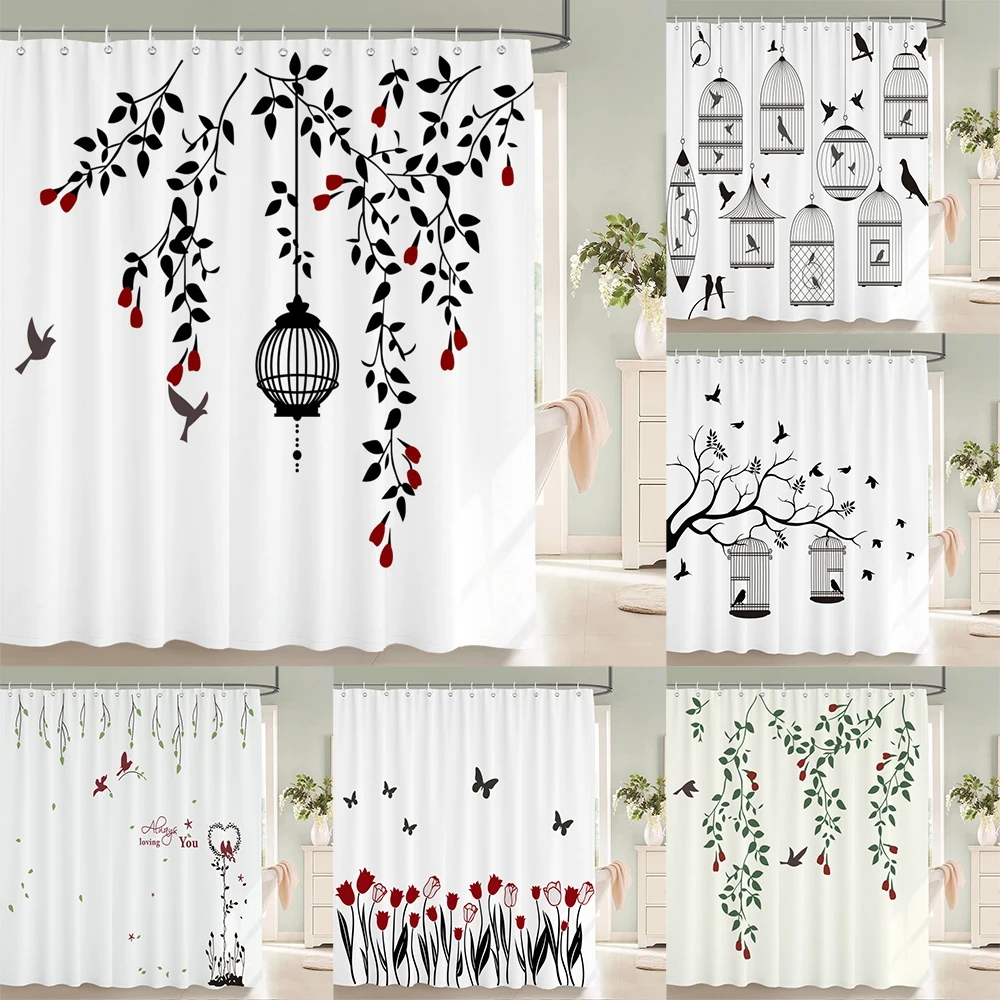 

Nordic minimalist art printing Shower Curtain, Waterproof Fabric Flower and leaf Bird pattern Bathroom Curtain for Bathtub Decor