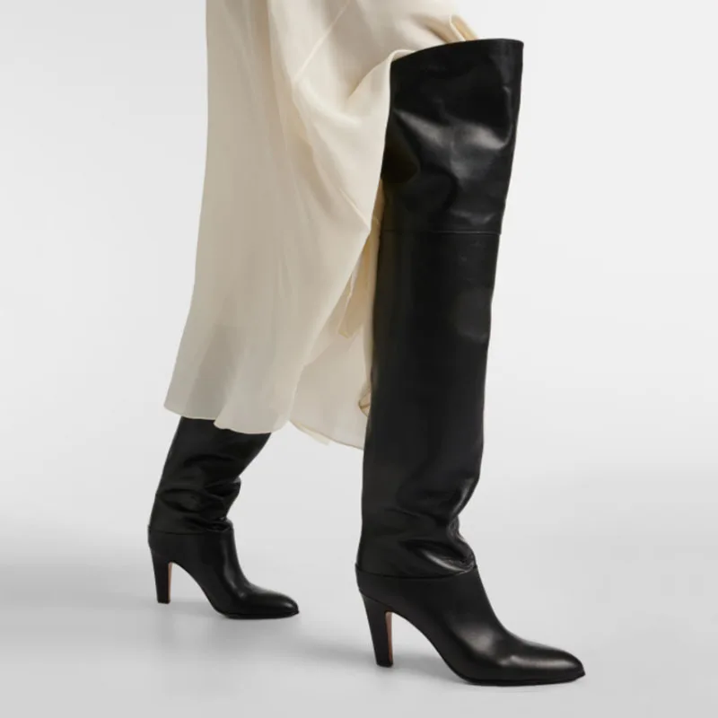 

Arden Furtado chunky heel genuine leather Over The Knee Boots Round toe High-heeled Slip-on wide calf boots thigh high tan boots