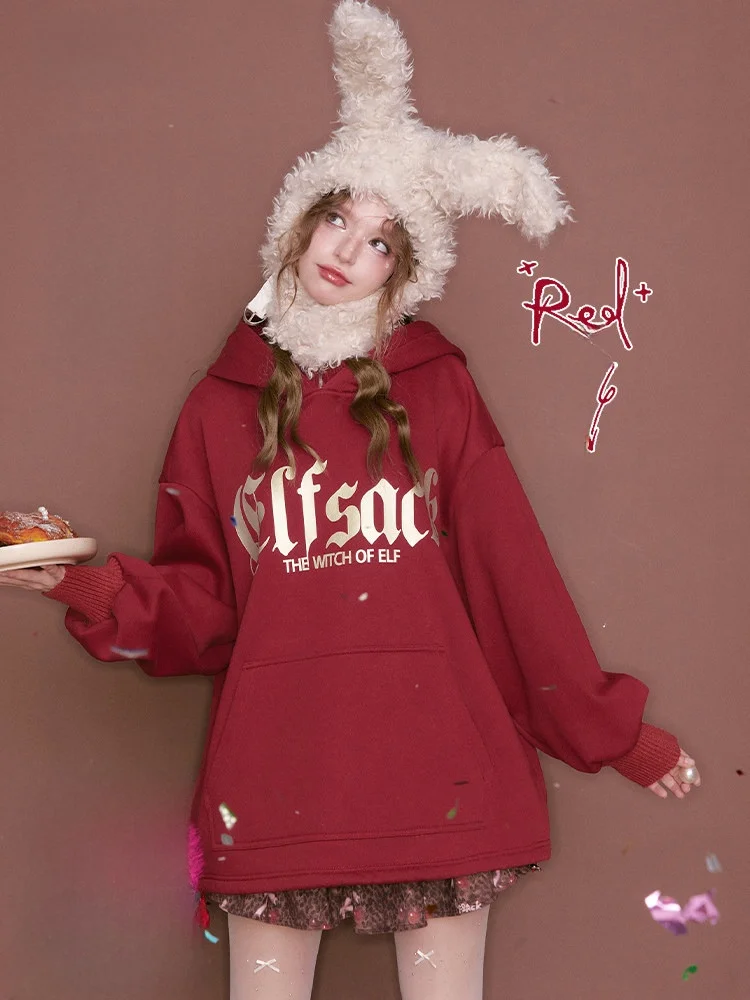 

Red Letter Emed Gold Hooded Fce Sweatirt Loose Casual Top Winter Cotton Polyester Blend Long Sve Mid-Length Sweat...