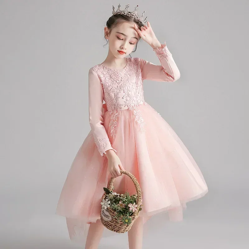 2023 Spring New Dress for Children's Trailing Piano Performance Evening Dress for Girls Elegant Long sleeved Princess Dress Summ