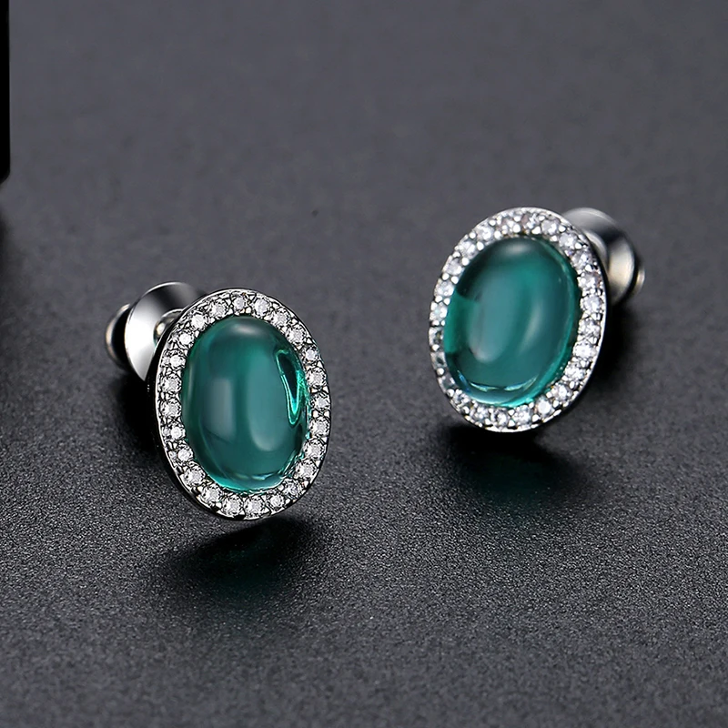 LUOTEEMI Dazzel Cubic Zirconia Fashion Stud Earrings Stylish Oval Green Pink Accessories for Women Girls Wedding Glitter Jewelry