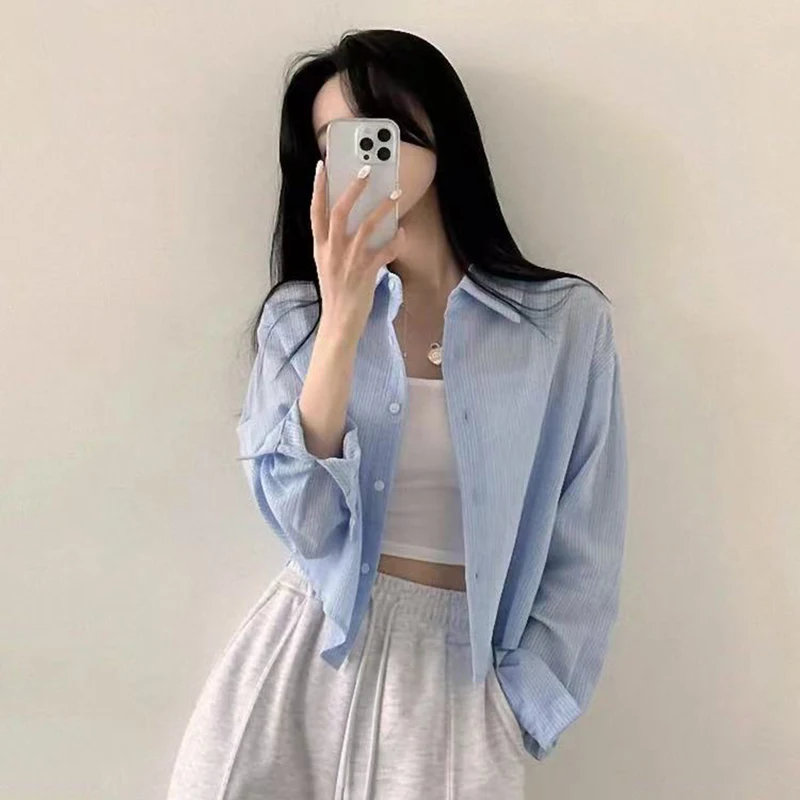 

Striped Shirt for Women Summer Loose Thin Long Sleeve Casual Blouse Korean Chic Single Breasted All Match Sun Protection Tops
