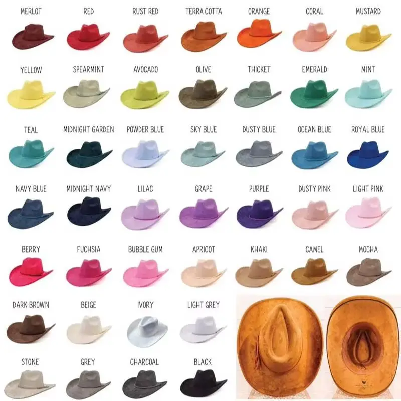Chapéu de cowboy de camurça vegan jazz chapéu panamá unissex chapéu feminino de aba larga chapéu de cowboy chapéu de cowboy