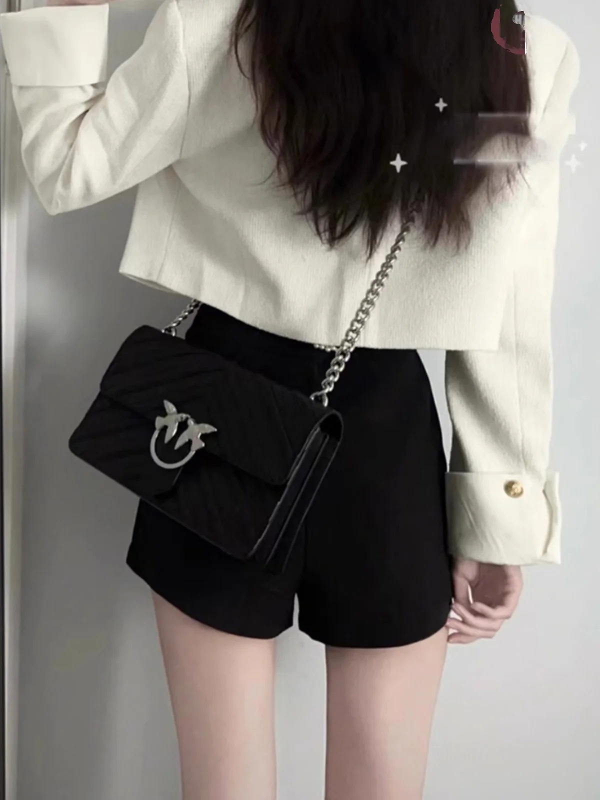 

Tweed Jacket Embellished Button Women Womens Spring Polyester Cinched Cotton Needle Artsy Ribbons Ulzzang Delicate Y2K Lace-Up