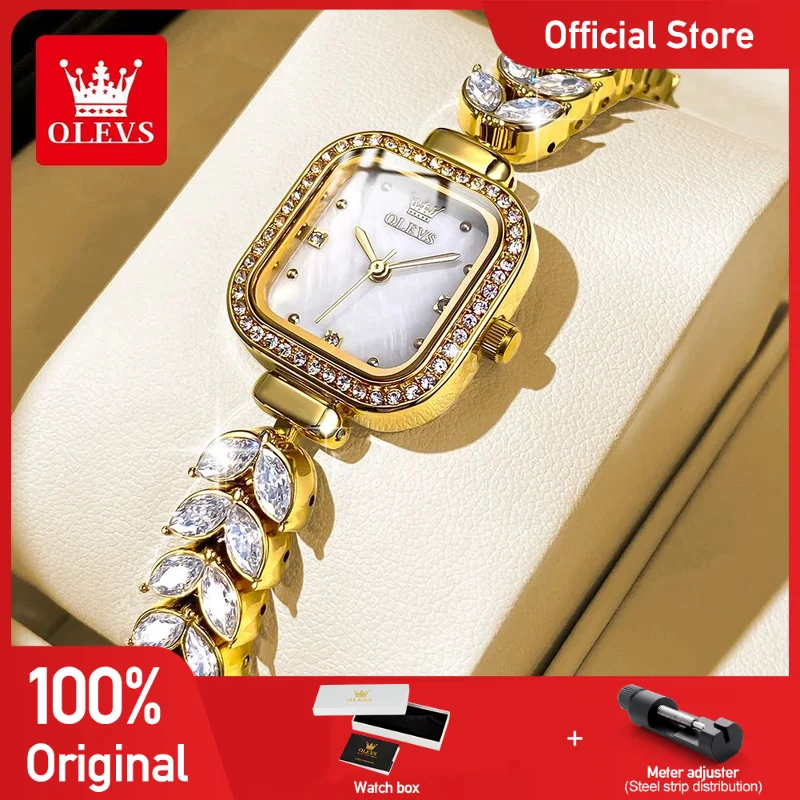 OLEVS 9987 ساعة نسائية مربعة كوارتز مقاومة للماء الماس حورية البحر سلسلة ساعات السيدات سوار مجموعة منتج أصلي