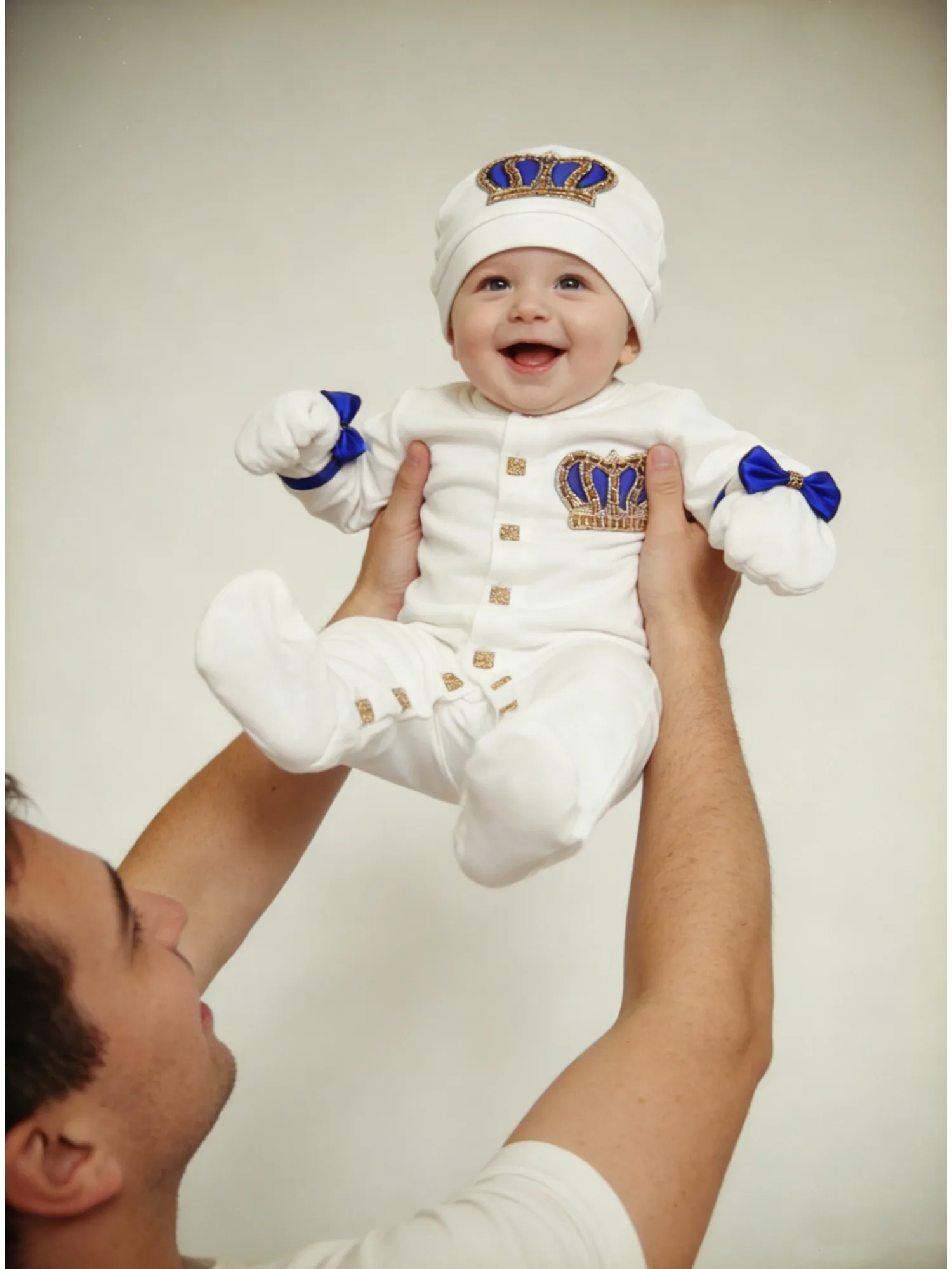 

Baby Boy Blue Gold Crown Set - Onesie Hat Mittens with Rhinestone & Bow