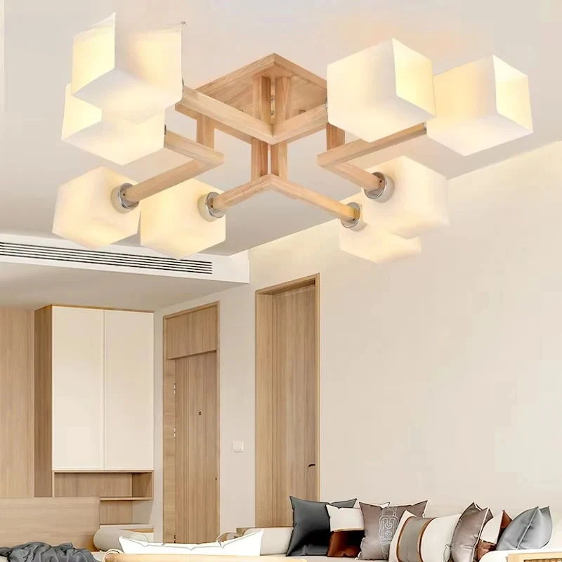 

2026 for BOTIMI Natural Wood Ceiling Lights for Living Room Modern Cube Glass Lampshade Bedroom Chandelier Contemporary Room