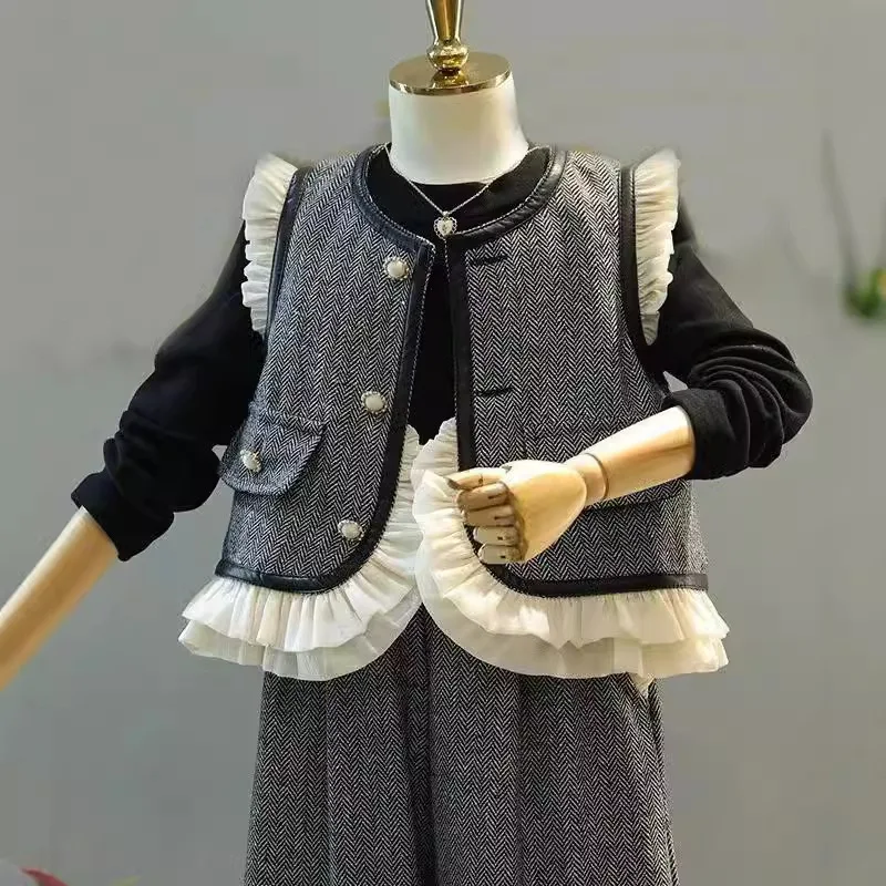 

Girls Suits Children 2024 New Autumn Collection Fashion Sweater Top and Vest Pants Three-piece Set Clothes Korean Simple Style