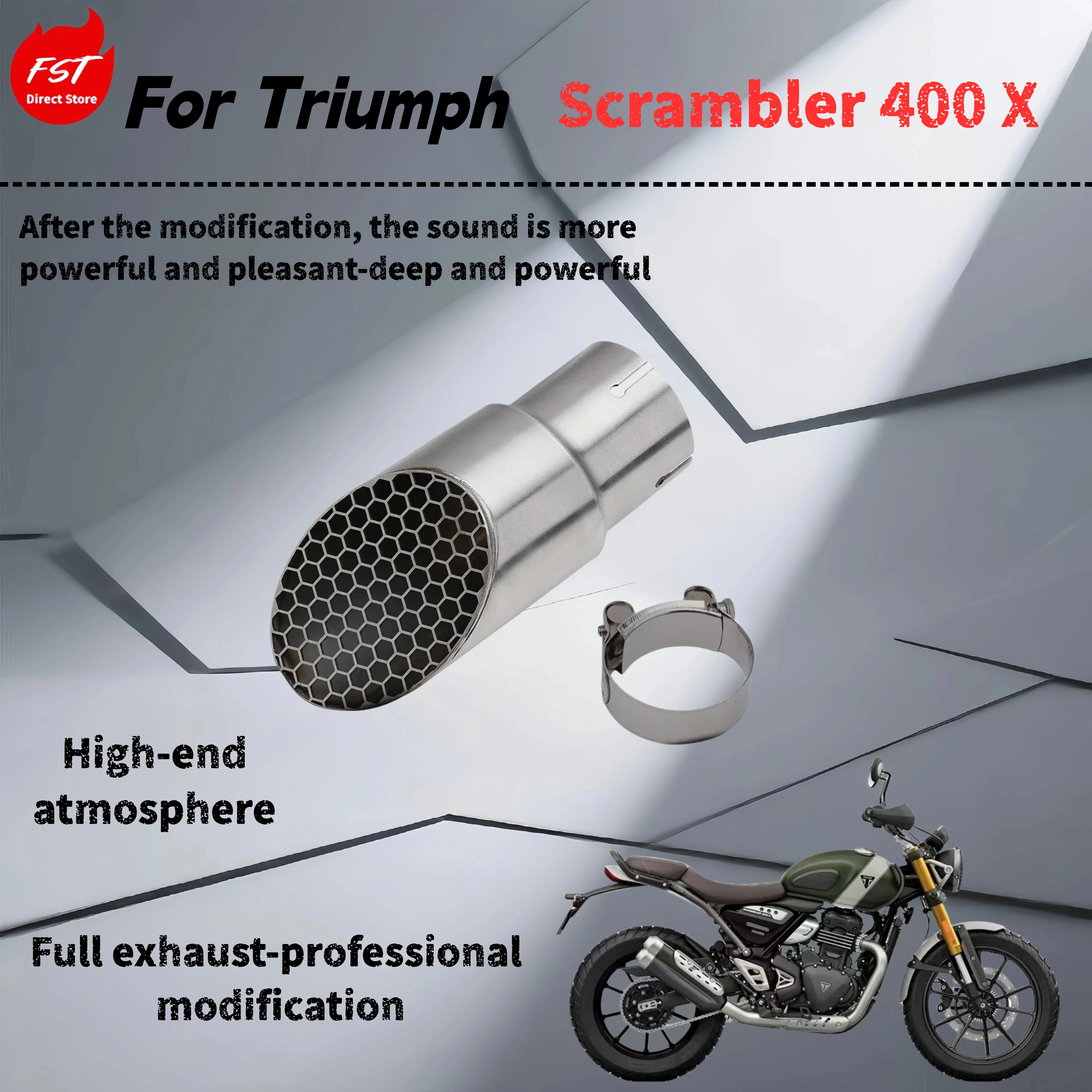 

For Triumph Scrambler 400X - modified tail exhaust pipe - deep, rich and powerful sound