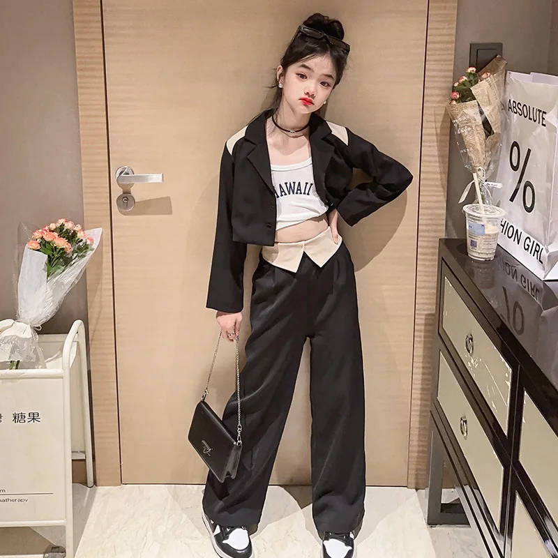 Teen Girls Black Khaki Color Blazer Suits for Fashion Kids England Style Jacket + Pants 2Pcs Sets Autumn Formal Casual Outfits