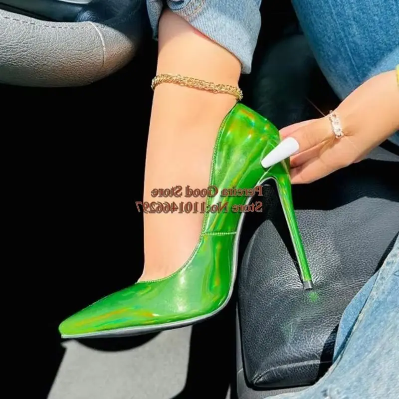 

Hologram Iridescent Metallic Leather Heel Pumps Shoes Fluorescent 12cm Shallow Slip On Banquet Footwears Green Blue Pink