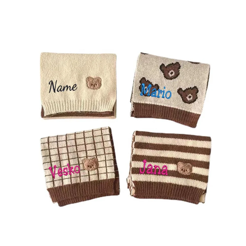 Personalized Name Embroidered Children's Scarf Korean Colorblock Stripe Knitted Scarf for Boys and Girls Little Bear Cute Woolen