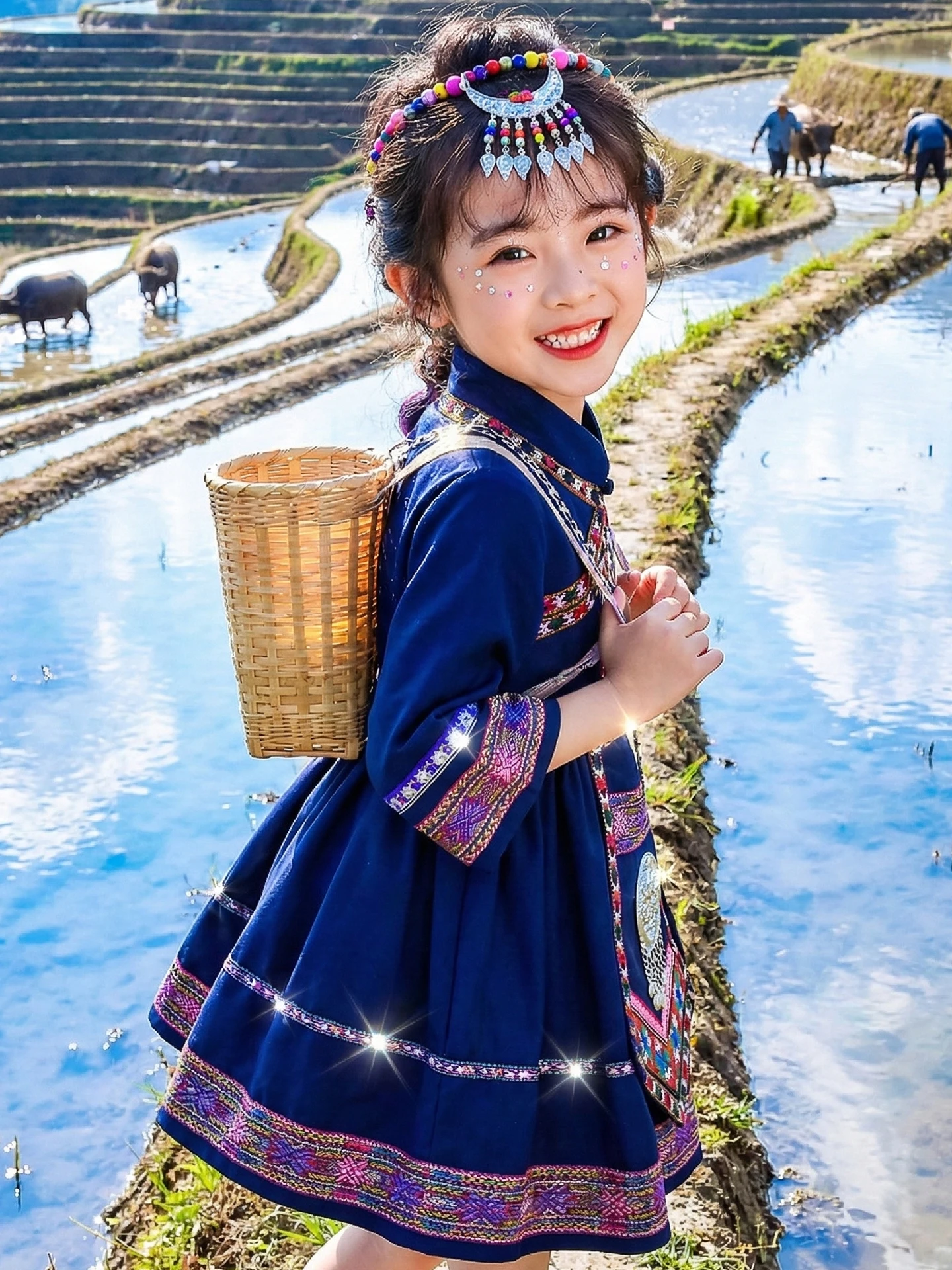 

Новая детская одежда для этнических меньшинств: костюм Хань для девочек в стиле Тай Флай, ткань из полиэстера, для народностей Хани и Тудзя