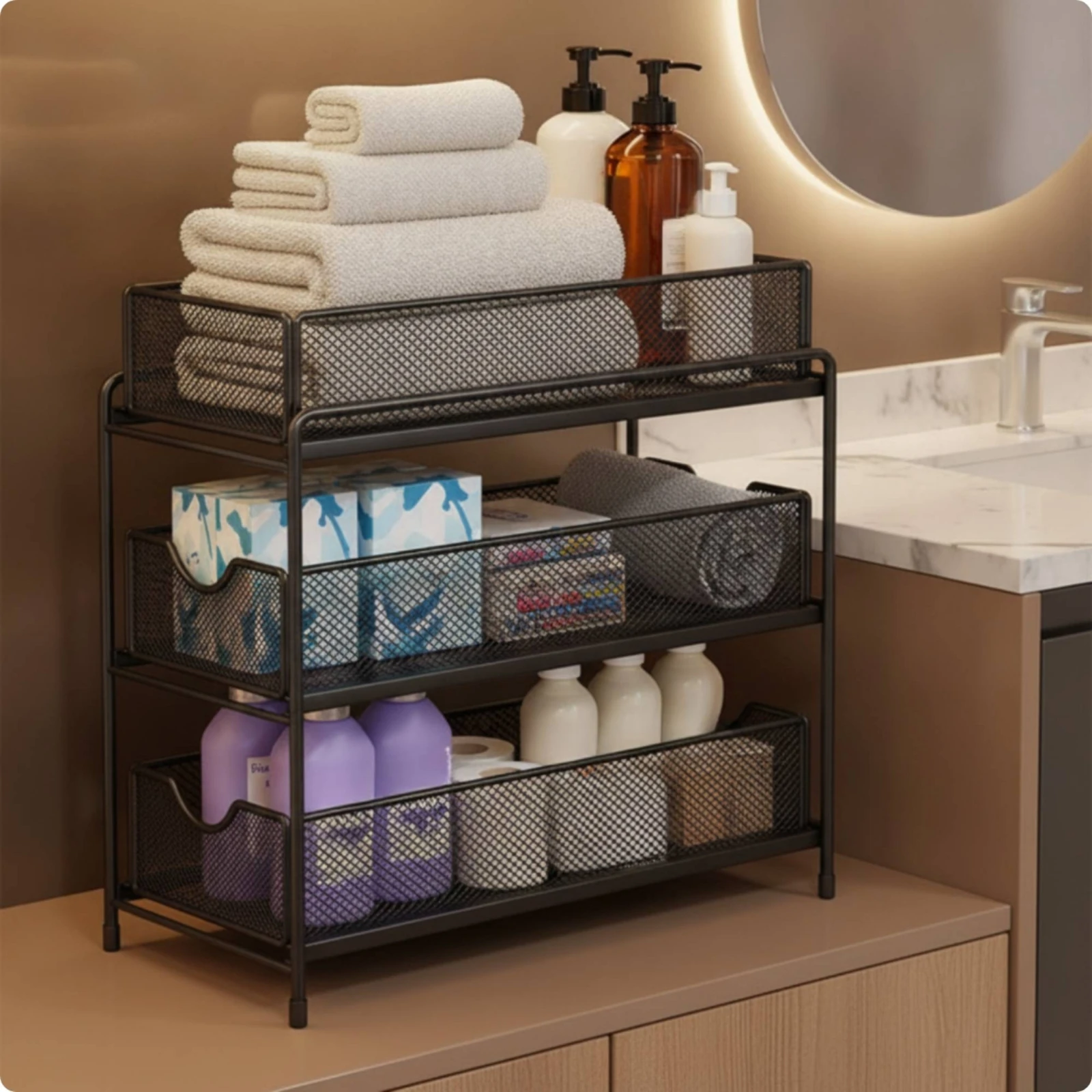Under-Sink Storage Rack Space-Saving Under-Sink Organizer Slide out Storage Shelf Sturdy for Bathroom, Laundry Room