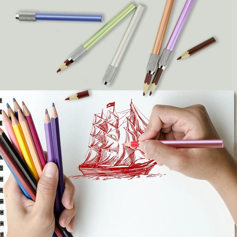 6ชิ้นแท่งสีโลหะปลายด้านเดียวต่อดินสอปากกาขยายได้กล่องใส่ดินสอ