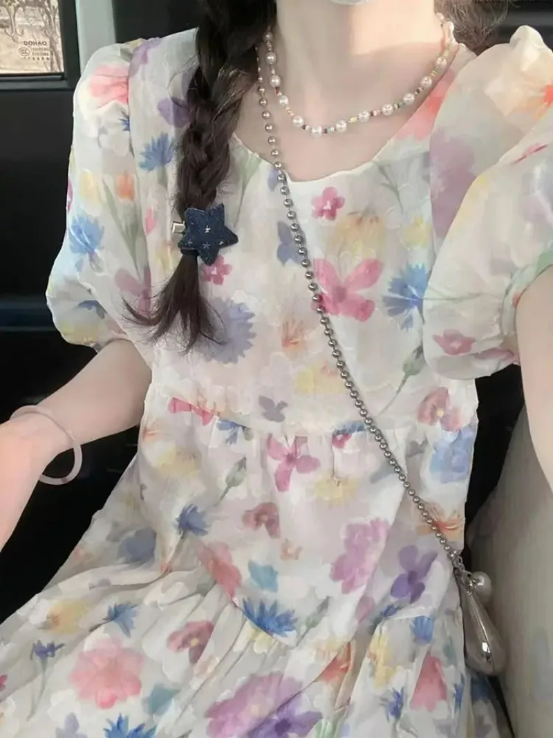 2025 新しい夏の甘い Y2k ドレス女性スーパー妖精気質バブルスリーブ花柄ドレス女性スリムガール服