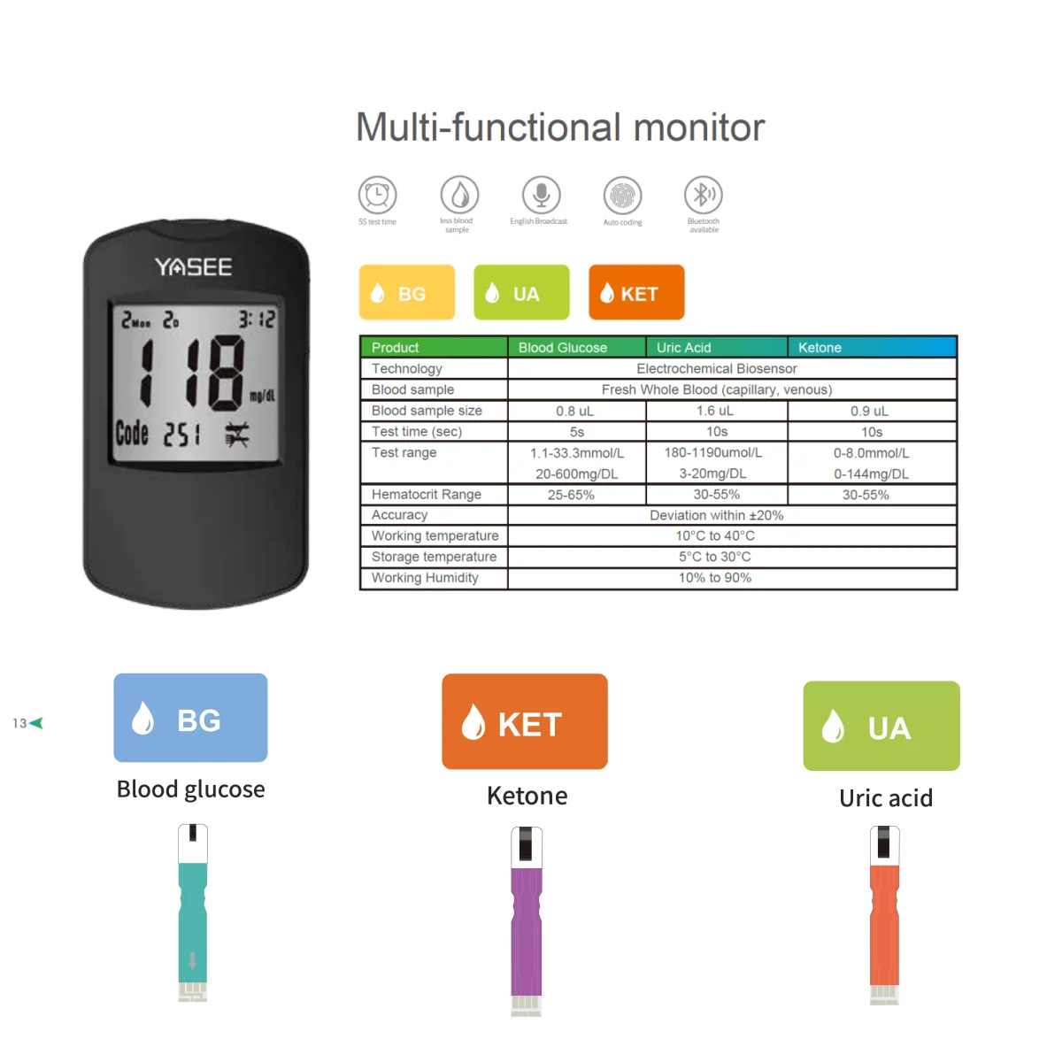 

3 in1 Multifunction Blood glucose Ketone And Uric acid Test Large LCD display Meter Glucometer Kit Diabetes Blood Ketone Tester