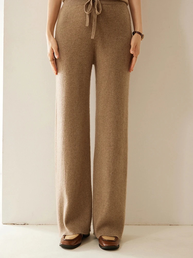 

Chic Gentle Striped Straight Trousers 100% Cashmere Knitted Simple Casual Drawstring Autumn Winter Soft Warm Pants