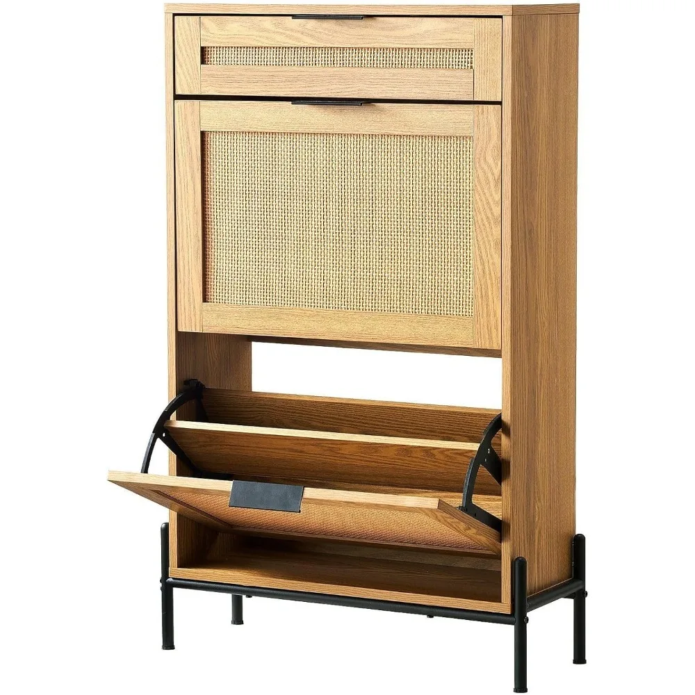 

Rattan Shoe Cabinet, Narrow Shoe Storage Organizer with 2 Flip Rattan Drawers & 1 Slide Drawer, Metal Legs, Slim Shoe Entr