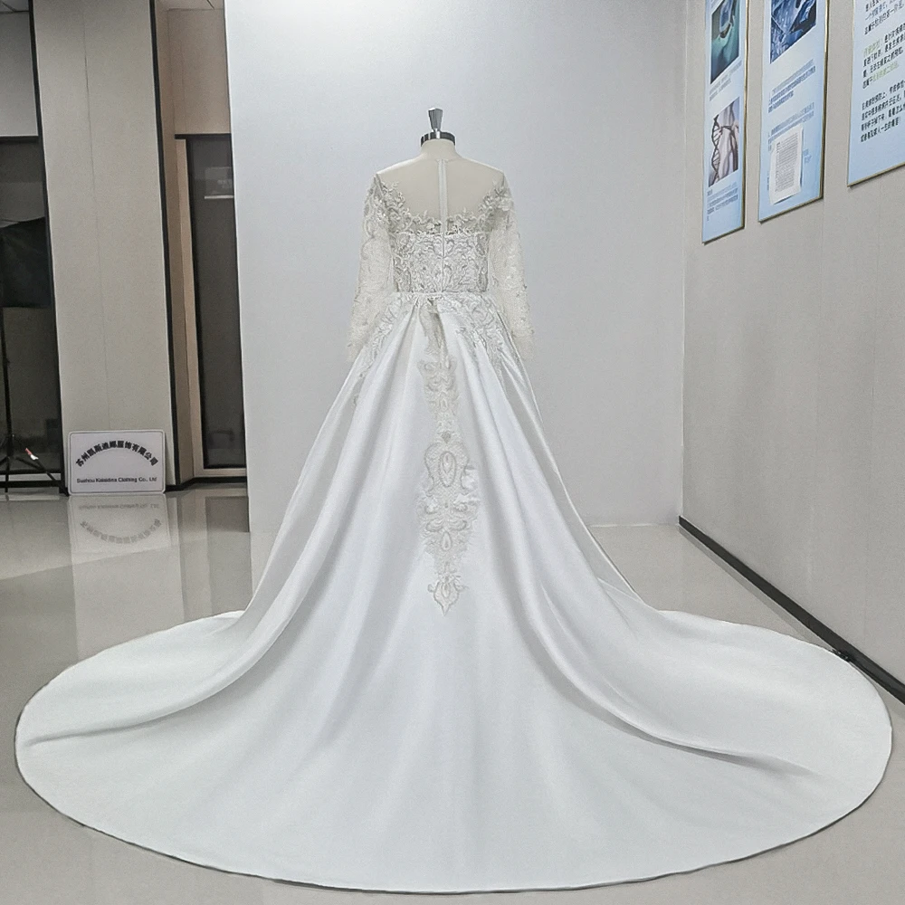 Elegant White O Neck Long Sleeves A-line Evening Dress With Detachable Train Fashion Floor Length Party Prom Ball Gowns