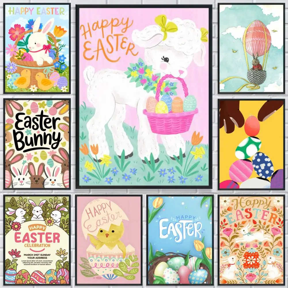 

Cute Happy Easter Rabbit Poster HD Print Personalized Canvas Wall Mural Art Photos for Living Room Home Decor Durable