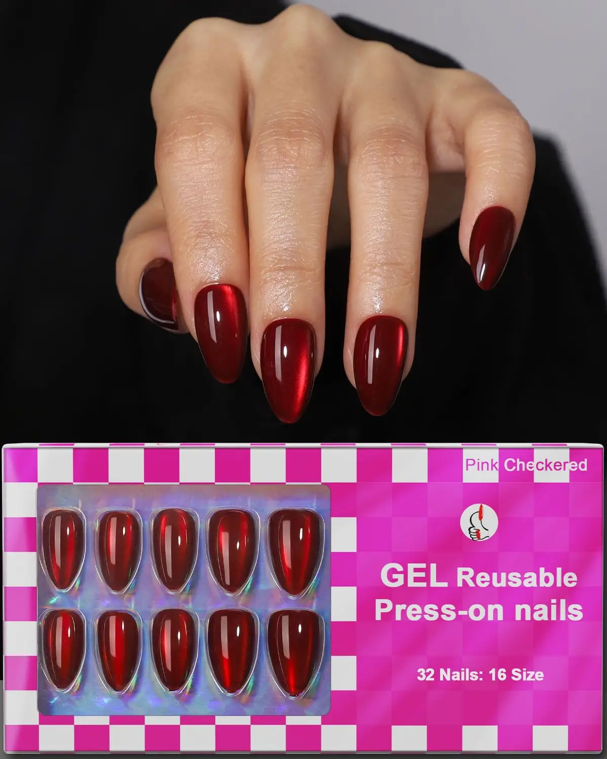 

Burgundy Red Cat Eye Press on Almond Nails Short 16 Sizes Glossy Fake Nails with Glue & Stick
