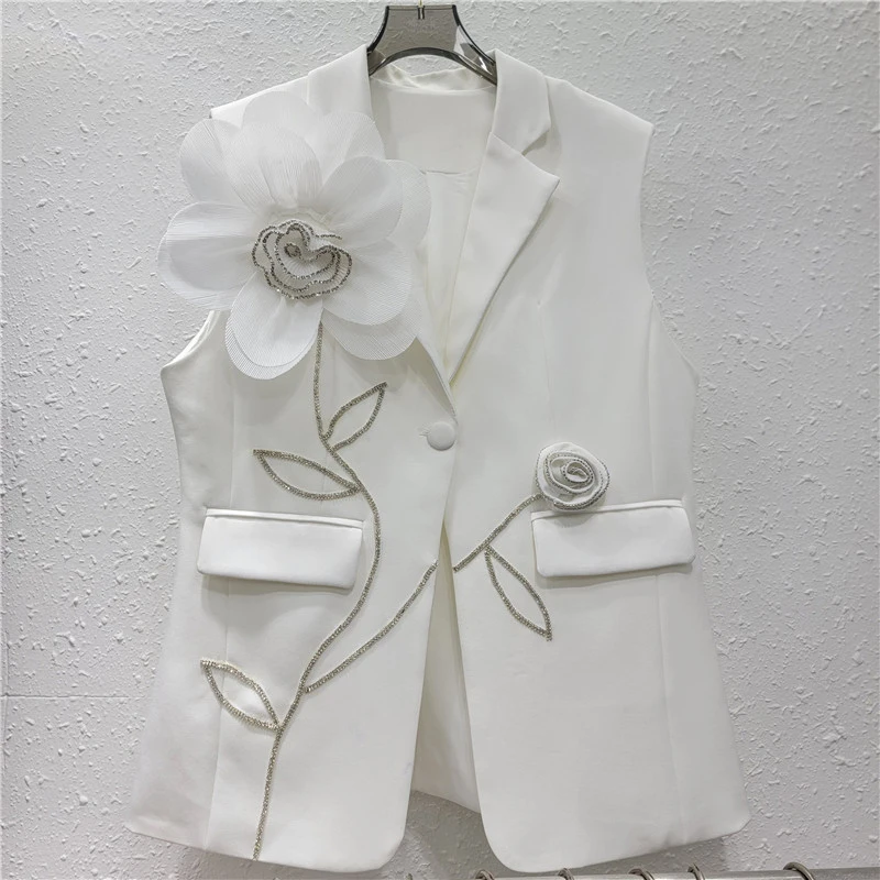 HKSH Women Waistcoat Studded Diamonds Three-dimensional Flower High-End Versatile Elegant Trend Sleeveless Blazer Spring HK22295
