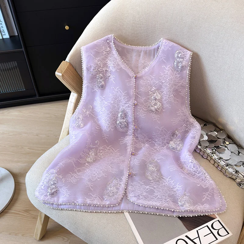 2026 Summer New Chinese Style Lace Embroidery Beaded Silk Organza Vest Women V Neck Sleeveless Top Apricot Pink Purple