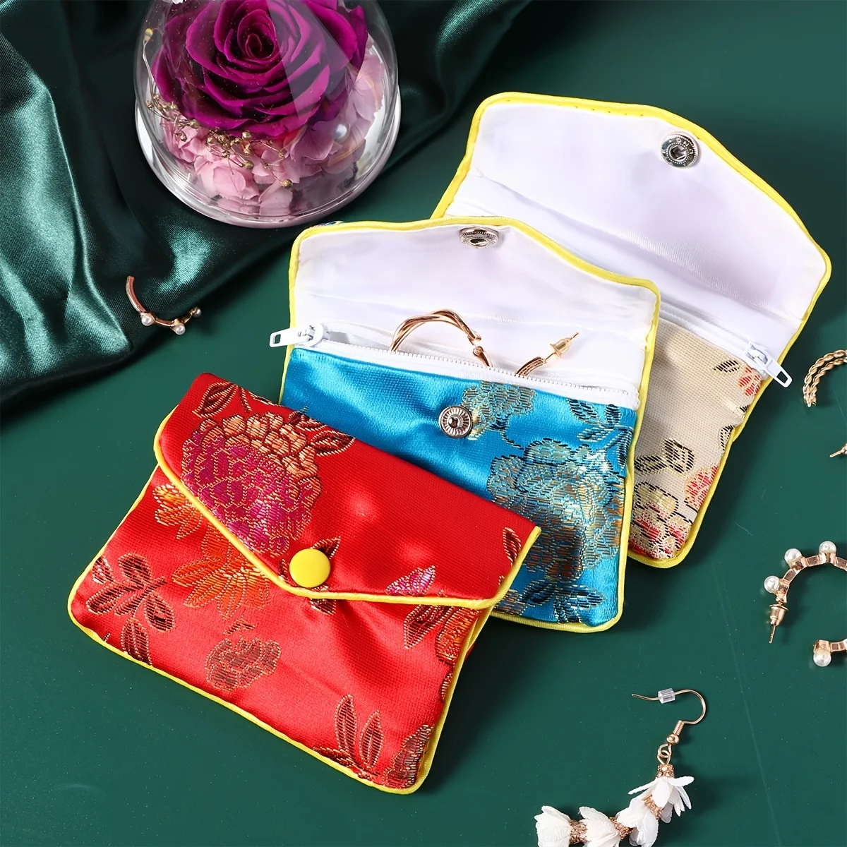 1-3 Pcs Rectangle Flower Pattern Brocade Zipper Jewelry Bag Gift Fine Packaging Bag Jewelry Bracelet Cloth Bag Packaging Display