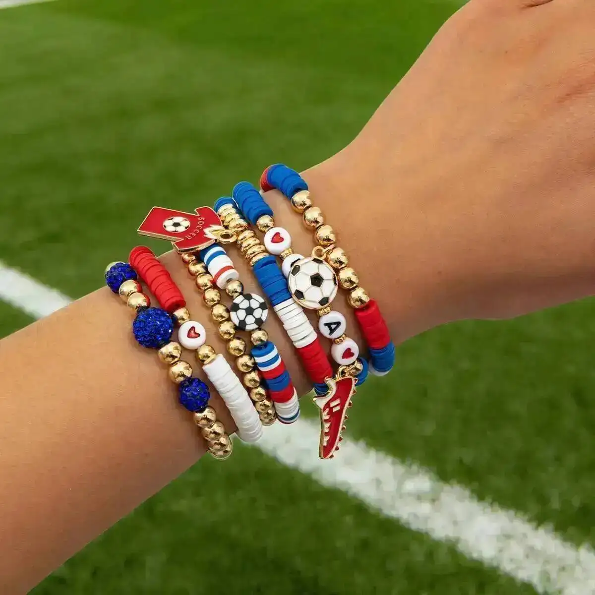 

KunJoe Colorful Beaded Bracelet Set Football Basketball Letter Charms Hand Chain Women Men Sports Jewelry Stackable Bracelet New