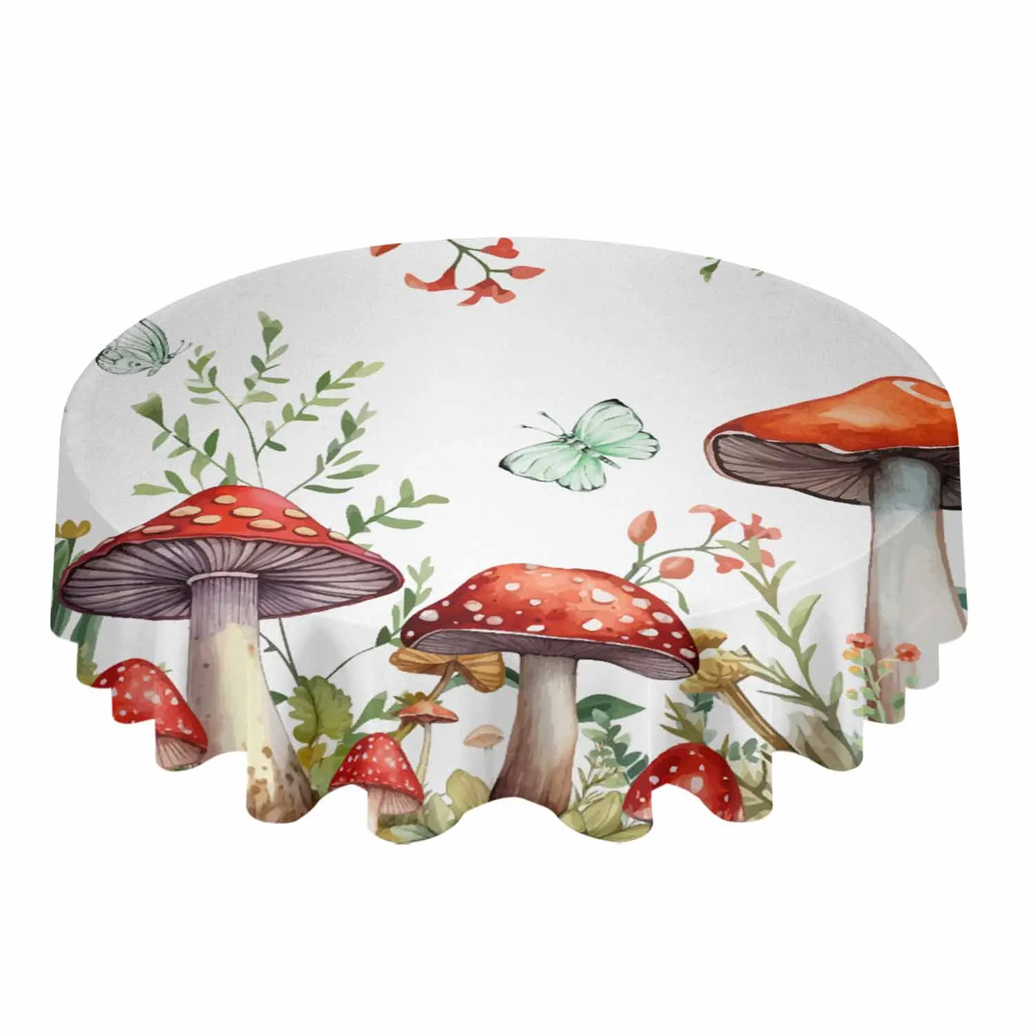 Plant Mushroom Butterfly Watercolor Round Table Cloth Festival Dining Tablecloth Waterproof Table Cover for Wedding Party Decor