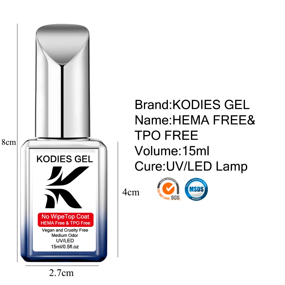 Kodies gel hema/tpo frei top coat uv gel nagellack 15ml super shine starkes finish semi permanente abdeckung gesunde gel maniküre