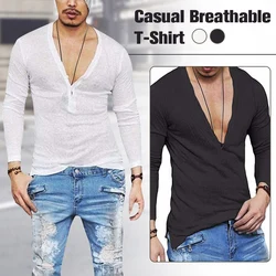 Deep V Neck T Shirt for Men Tshirt Invisible Undershirt Male Low Cut Vneck Wide Vee Tee Model Scoop Hem Slim Fit Long Sleeve